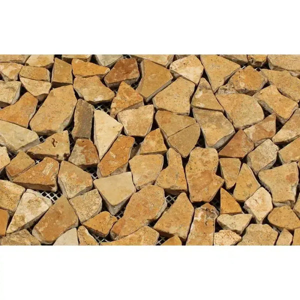Gold Yellow Travertine Paledian Flat Pebble Mosaic Tumbled tan stone irregular tiles