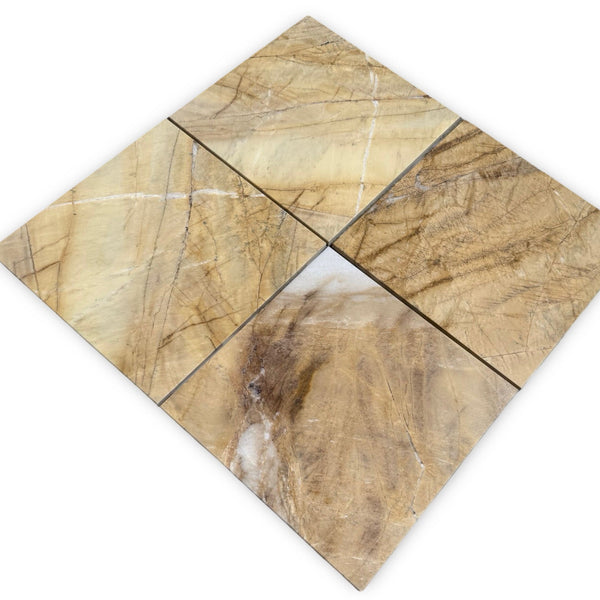 Four light brown Golden Horizon Marble 12x12 polished tiles with prominent veining