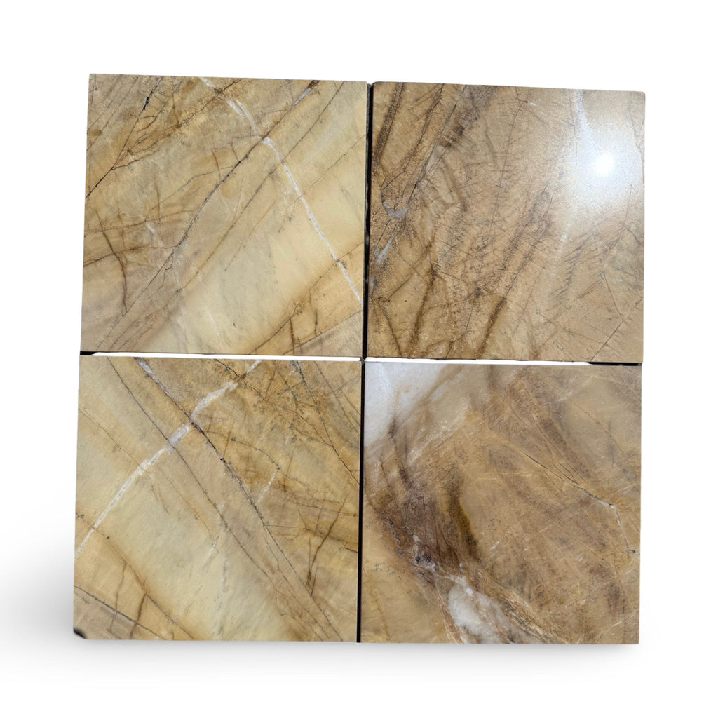 Four square light brown Golden Horizon Marble 12x12 polished tiles with dark brown and white veining
