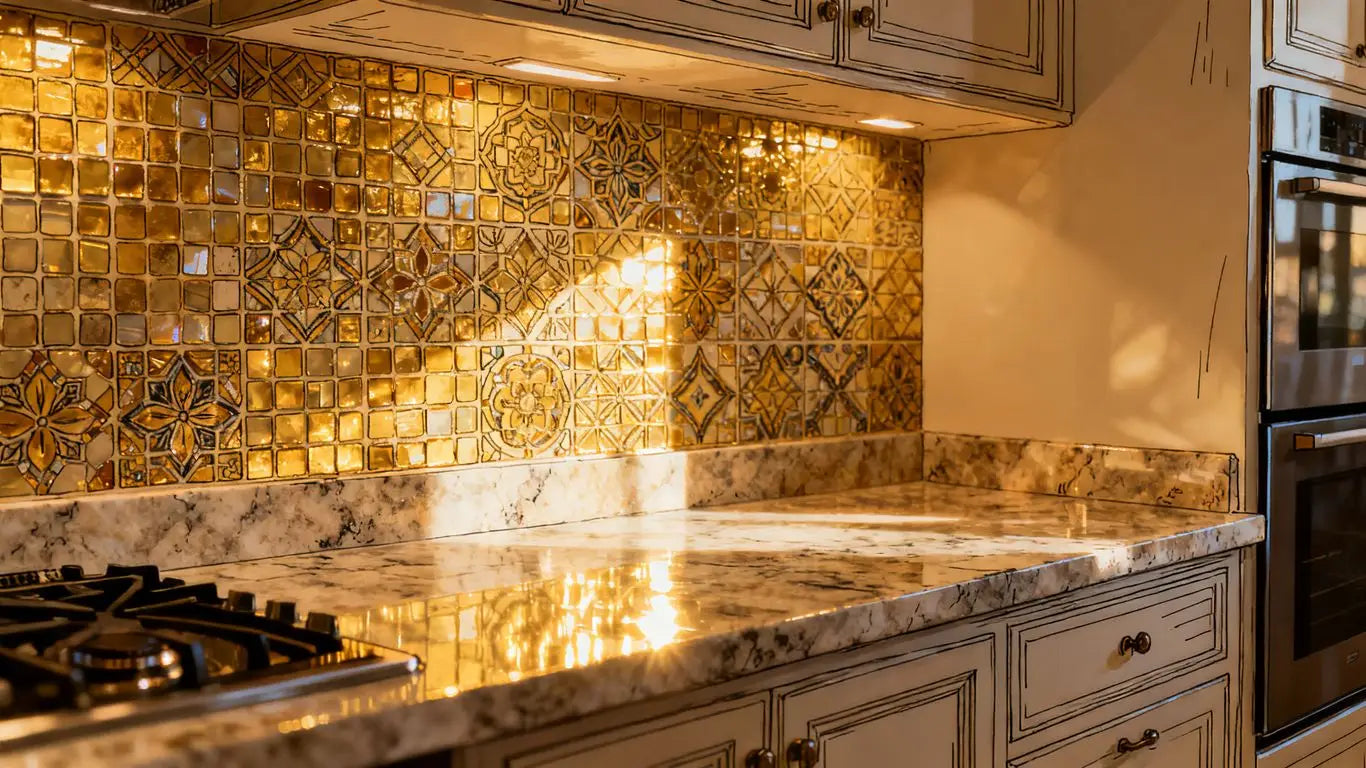 A modern kitchen with marble backsplash patterns