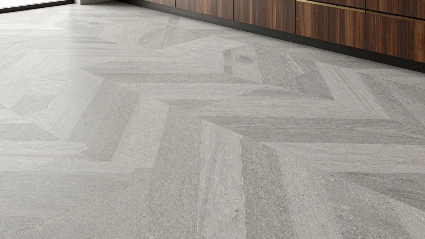 Versailles pattern travertine floor with contrasting material accents.
