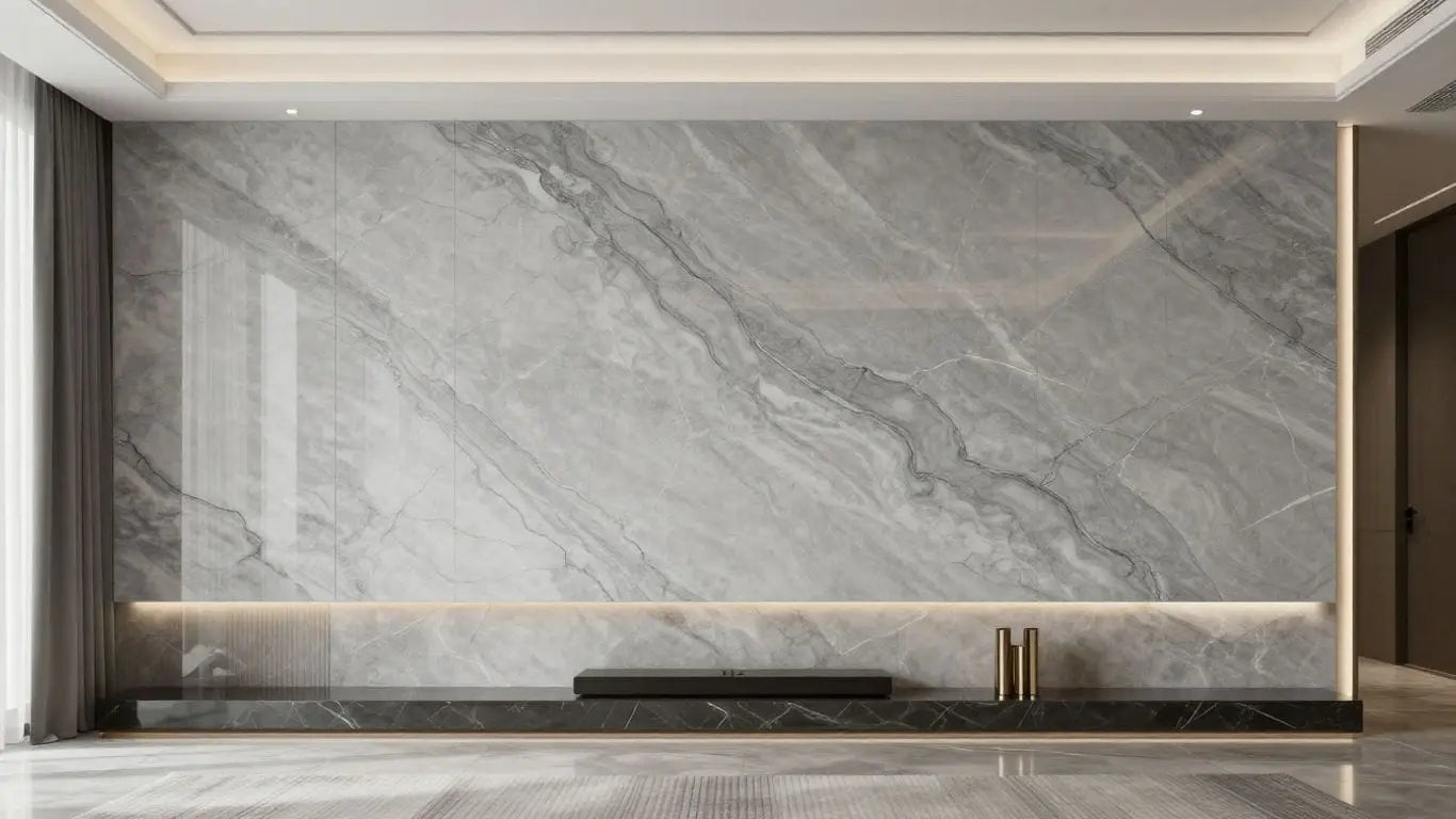 Elegant moon grey marble wall in a modern interior.