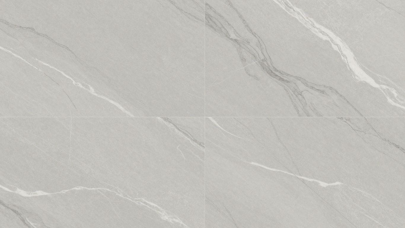 Tundra Gray marble tiles with subtle white veins.