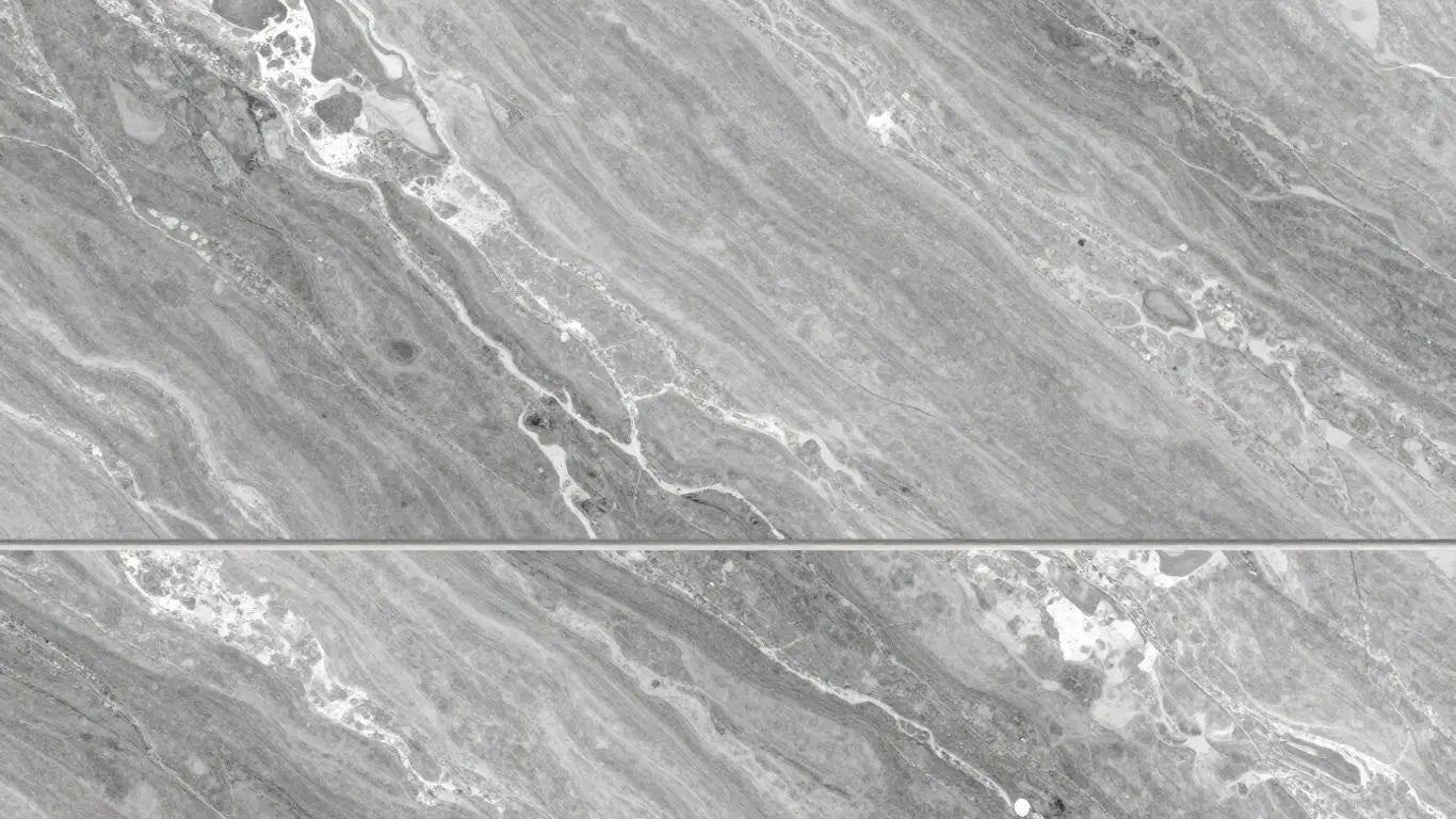 Silver travertine tiles with natural veining and metallic sheen.