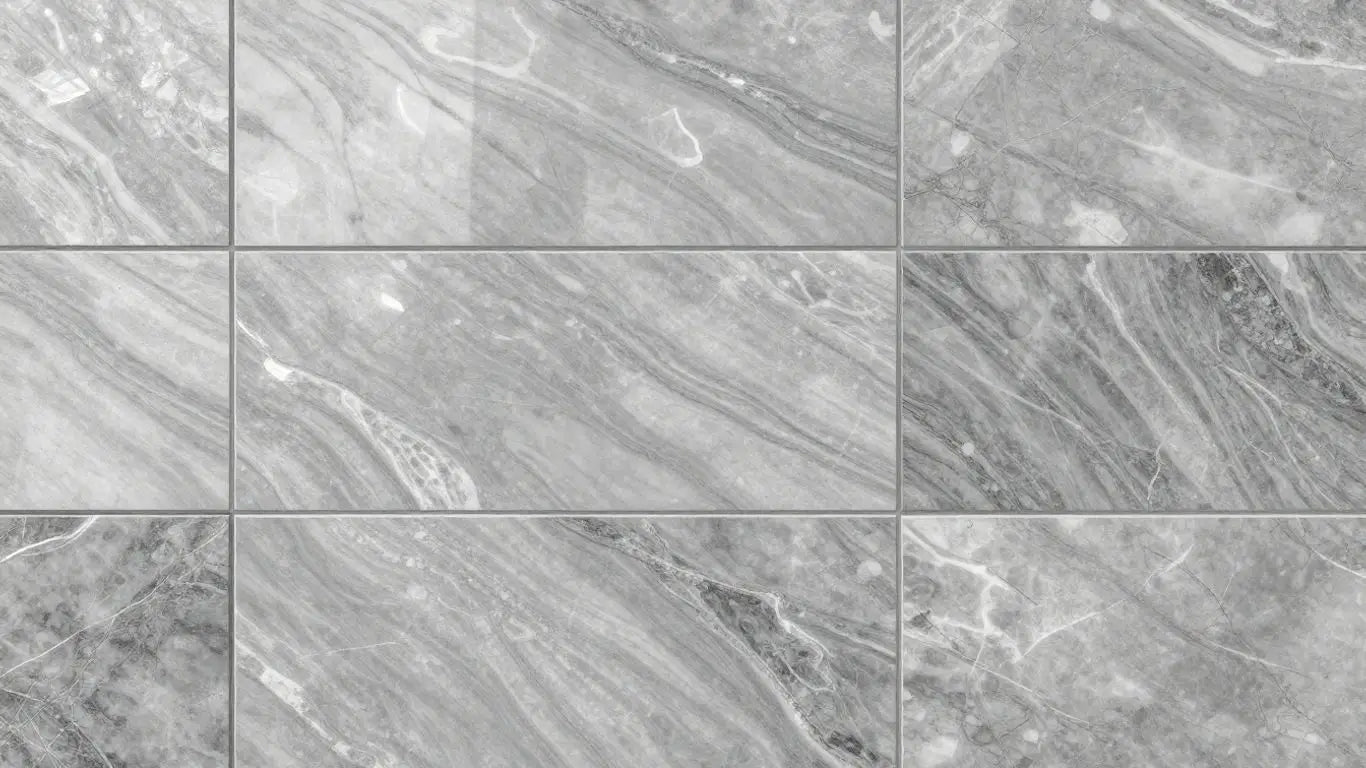 Silver travertine tiles with natural veining.