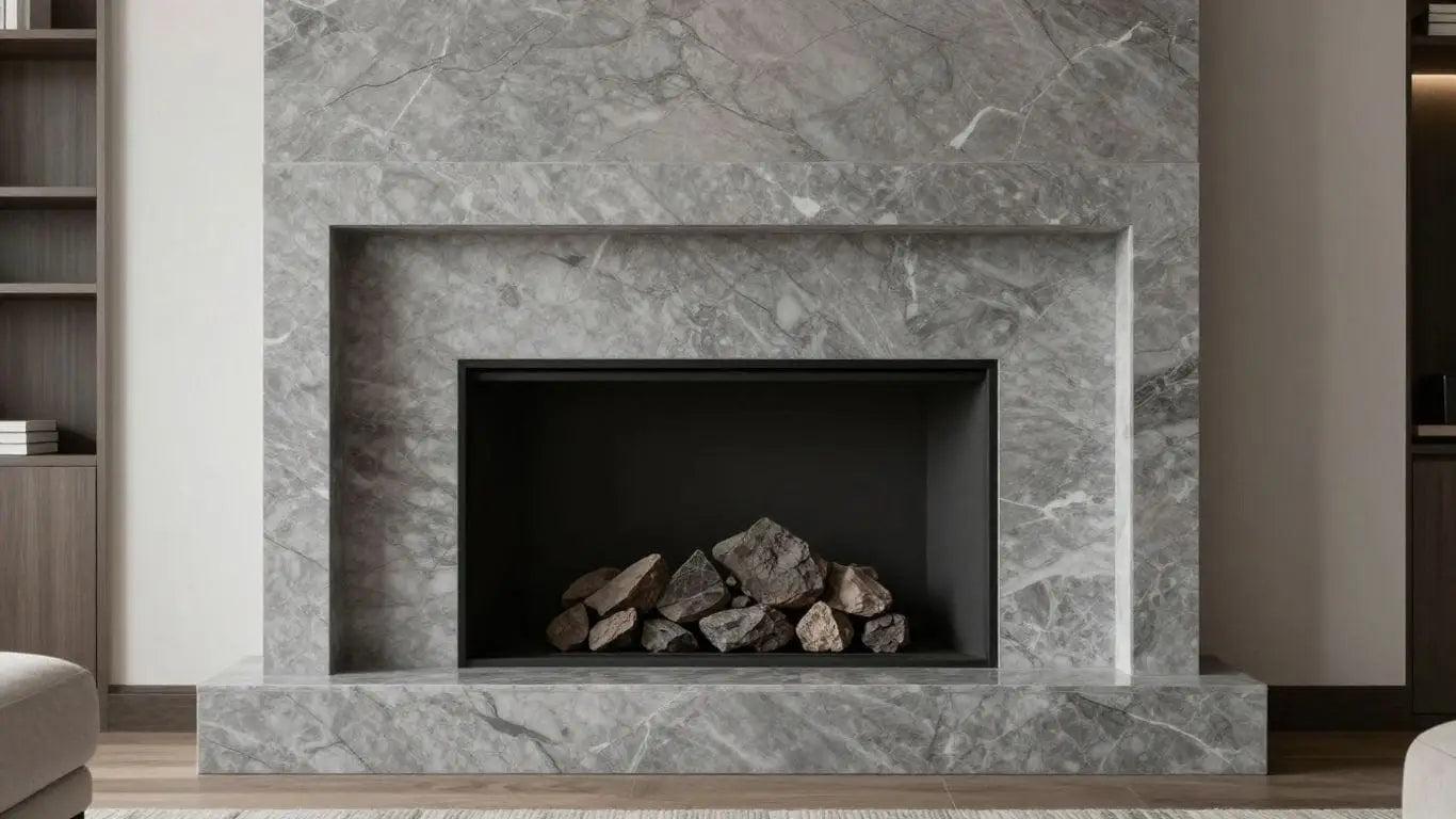 Tundra Gray marble fireplace in a modern living room.