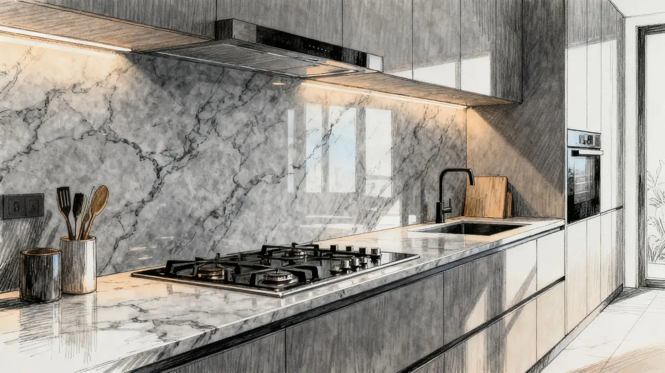 Interior view of modern marble kitchen