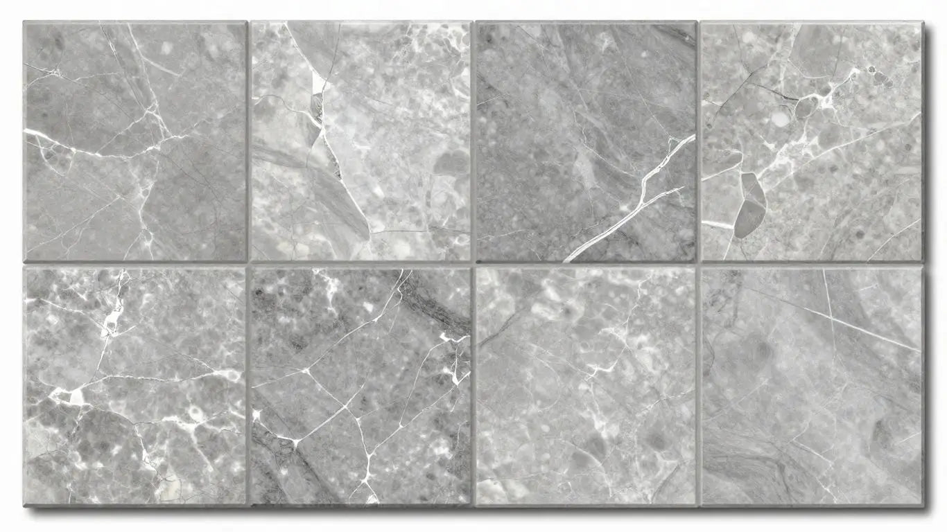 Silver travertine tiles with natural veining.