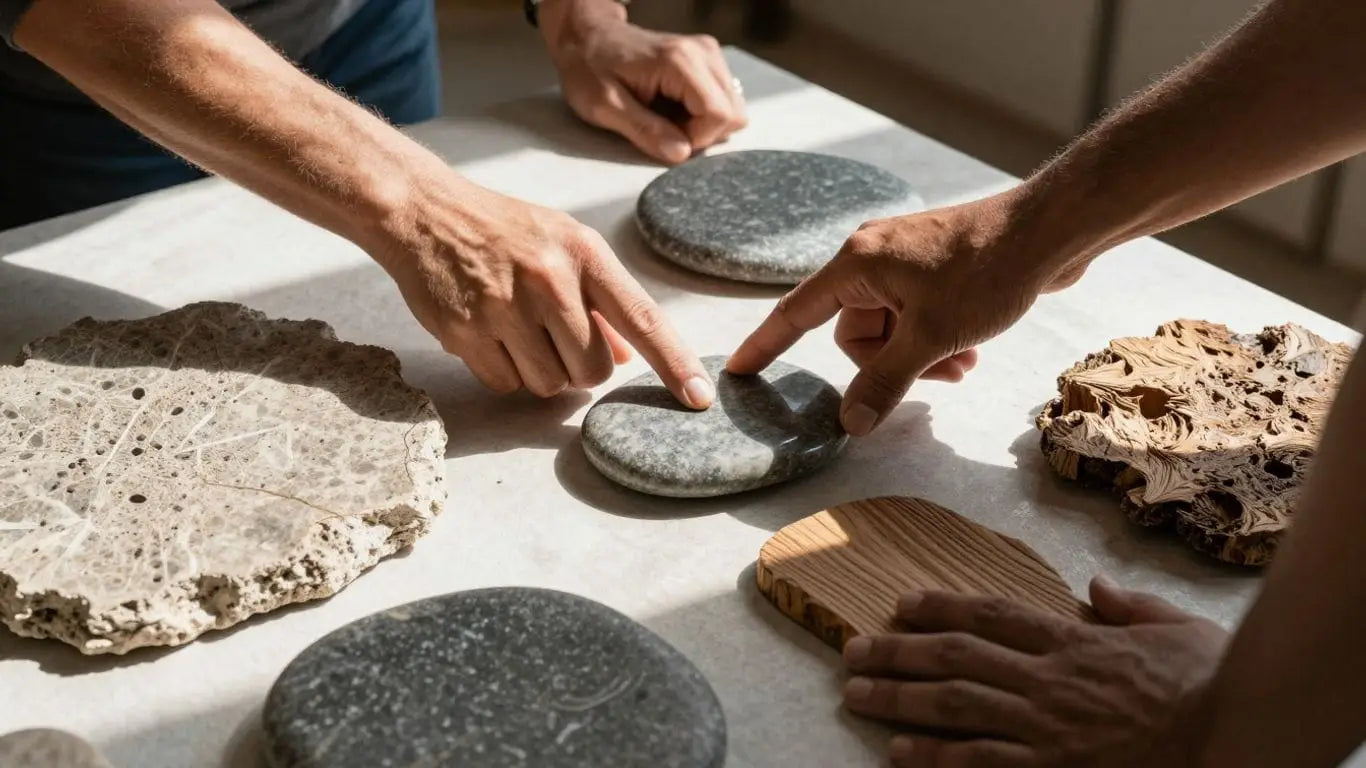 People examining diverse textured surfaces in a bright, airy space.