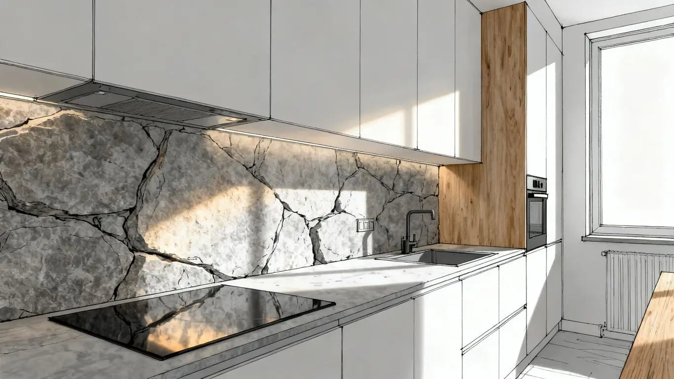 Lujosa cocina con pared de mármol natural