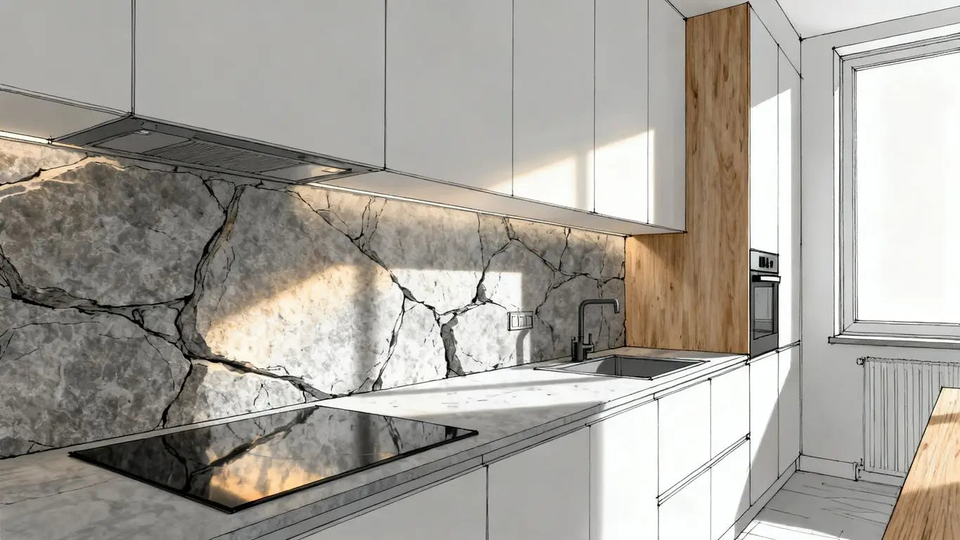 Luxurious kitchen with natural marble wall