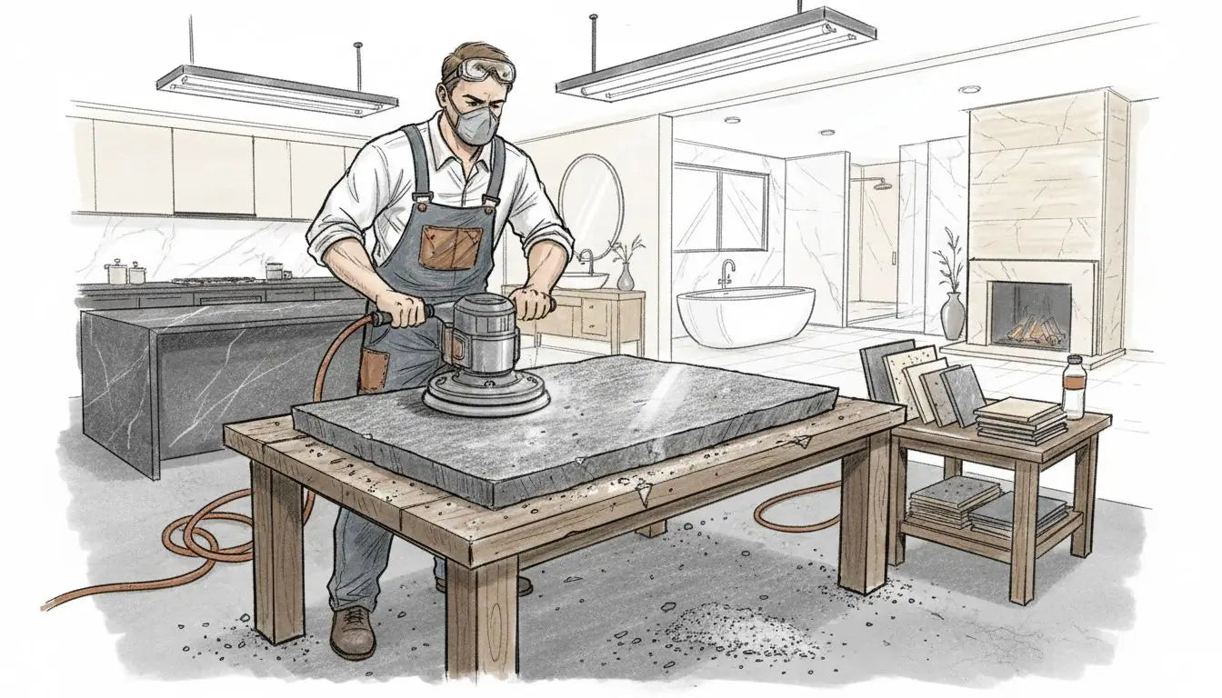 Stoneworker honing granite slab in workshop