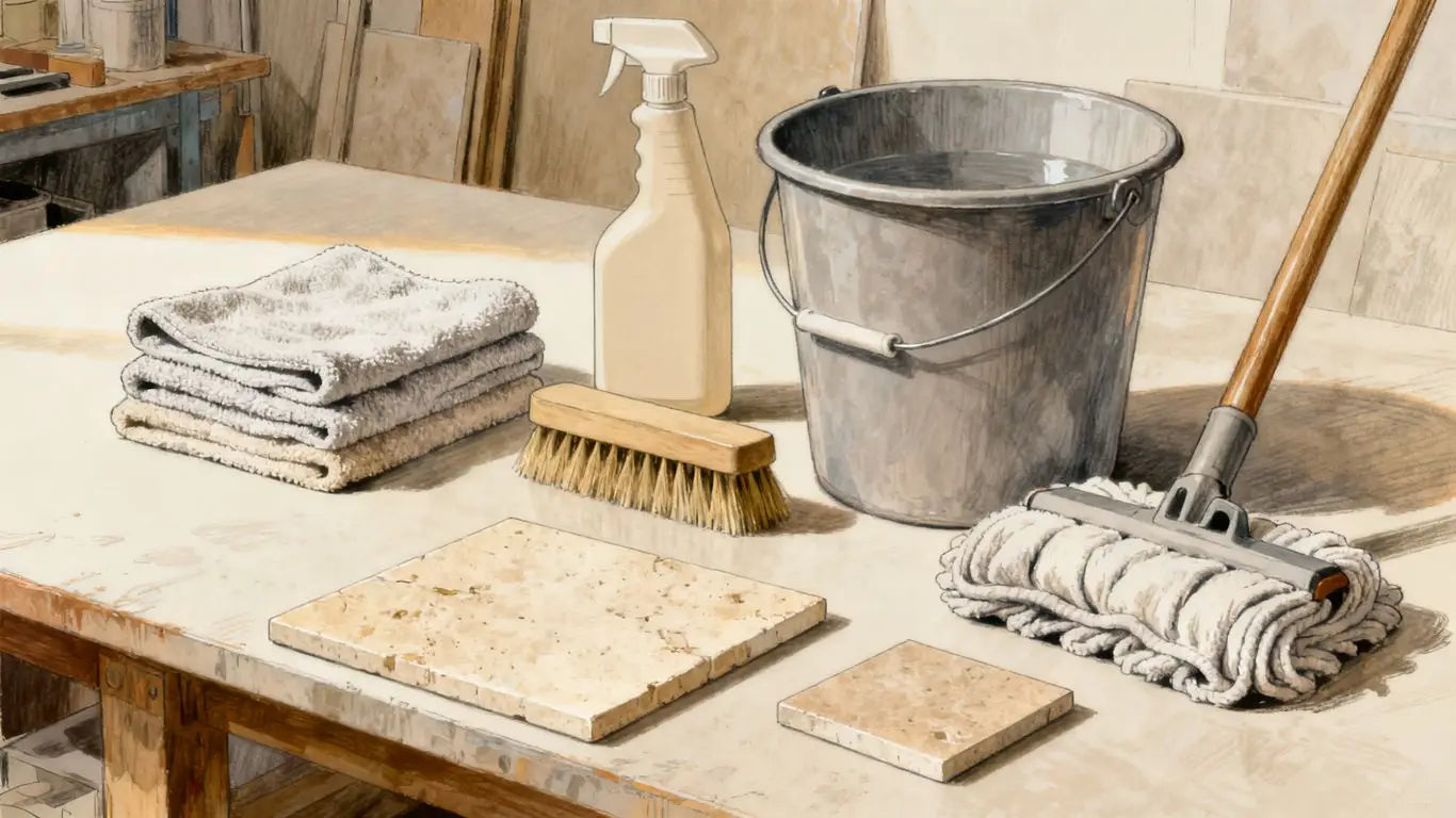 Soft microfiber tools beside travertine samples