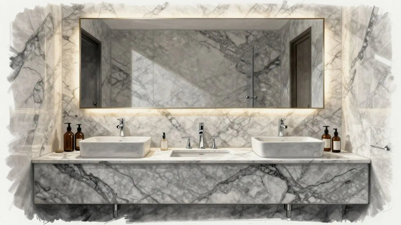 Silver Shadow Marble bathroom vanity and wall paneling sketch.
