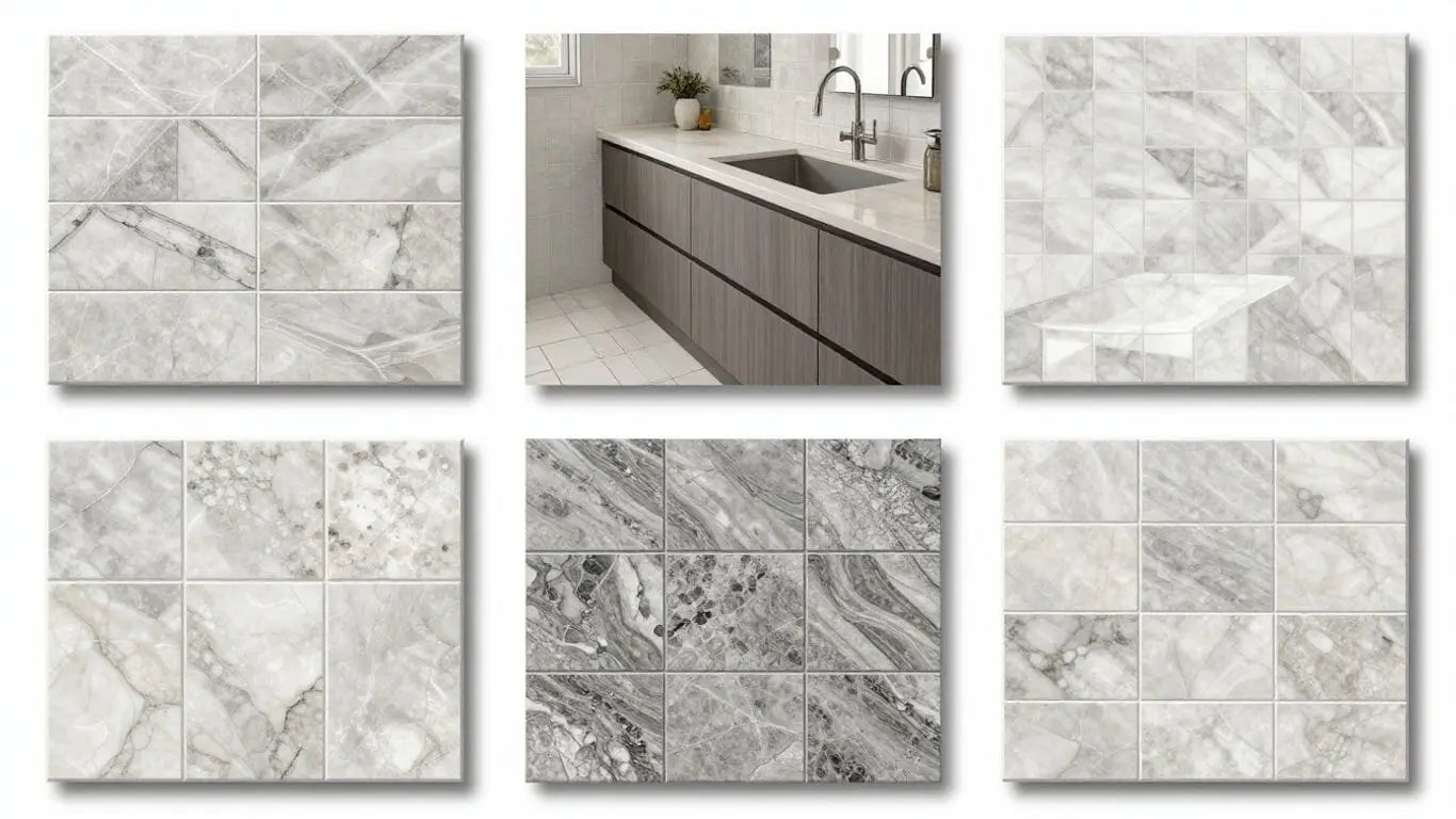 Sketch of quartz tiles in kitchen and bathroom settings.