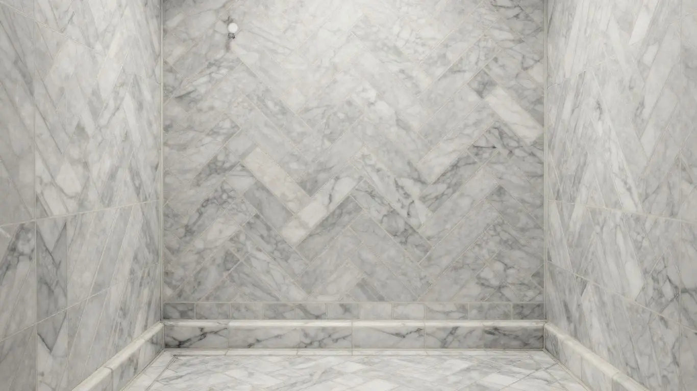 Herringbone marble mosaic shower floor and walls sketch.