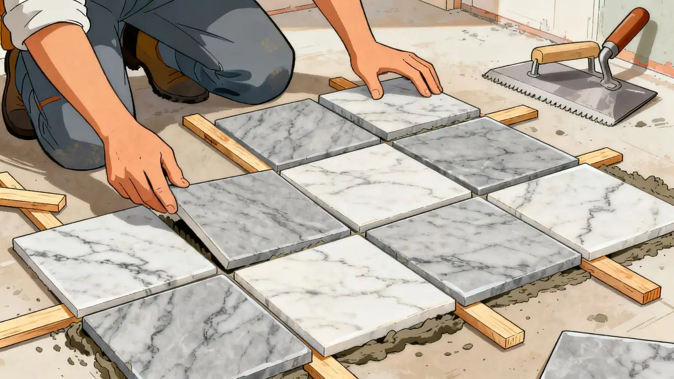 Installer arranging tumbled gray marble tiles