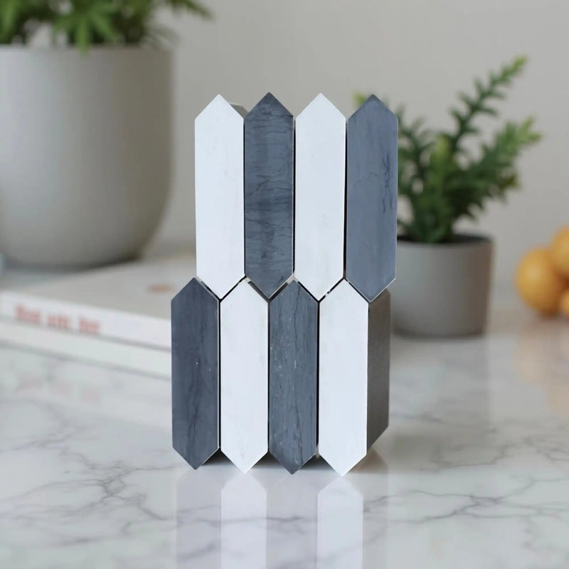 Gray and white patterned vase.