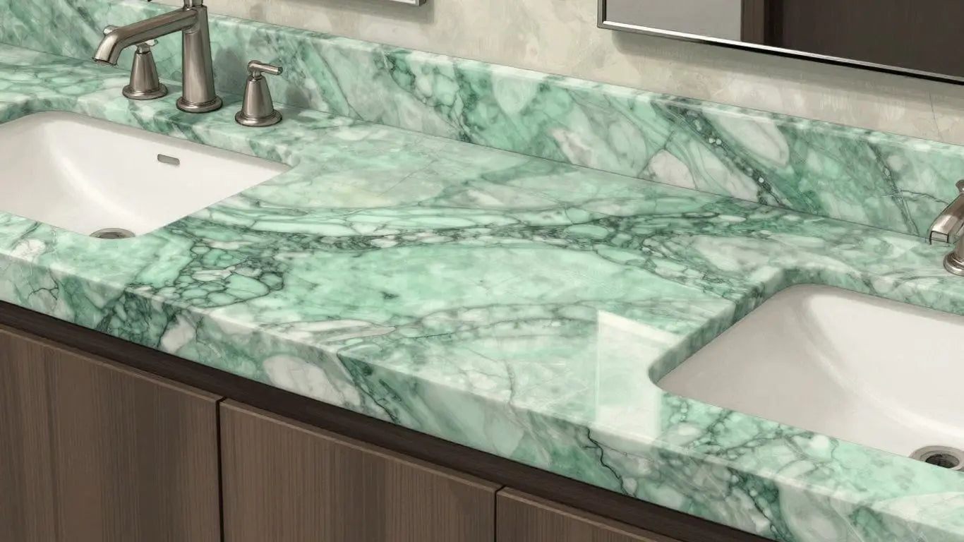 Ming Green marble vanity in a modern bathroom sketch.