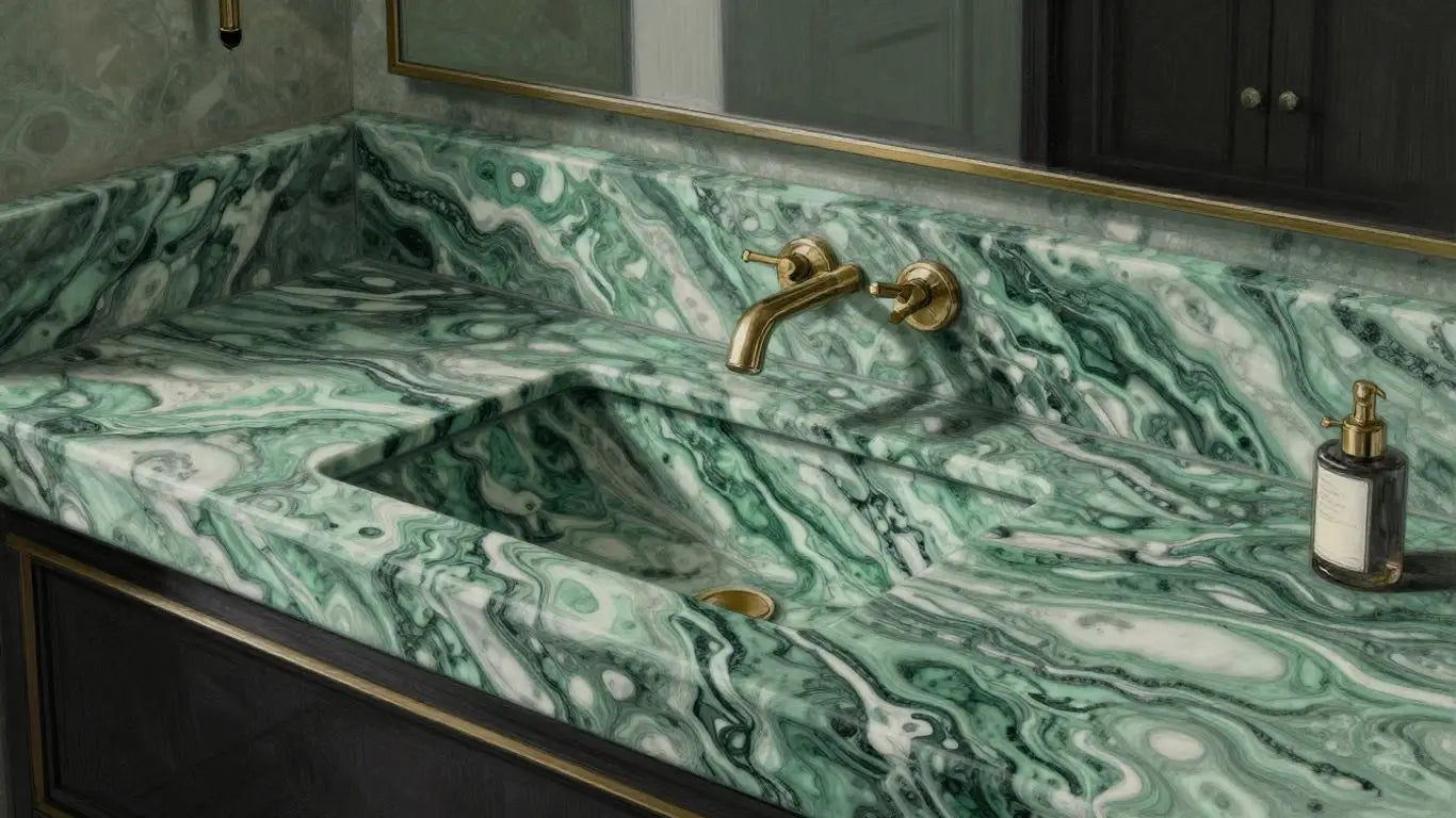 Ming Green marble vanity in a modern bathroom sketch.