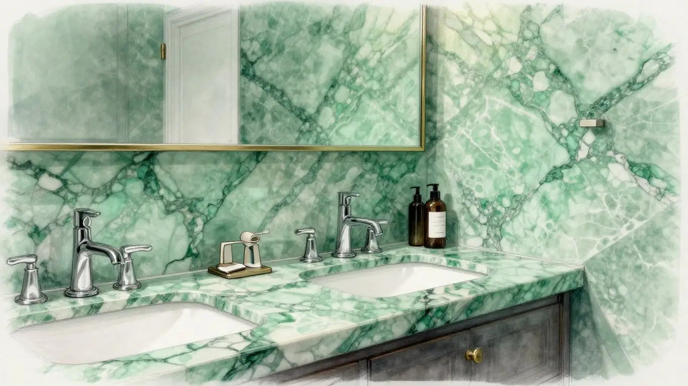 Ming green marble vanity and backsplash in a bathroom.