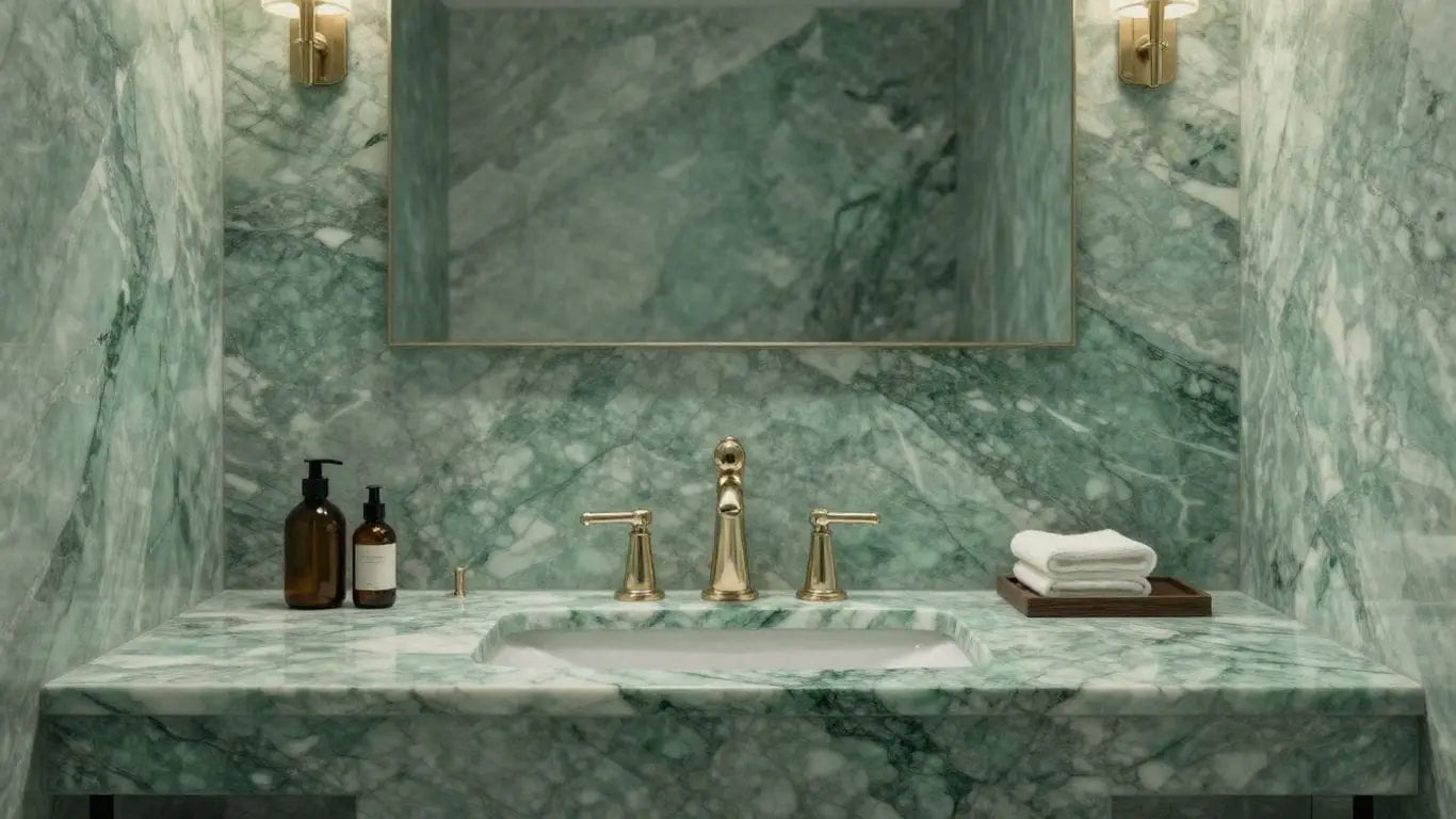 Elegant Ming green marble bathroom vanity and wall.