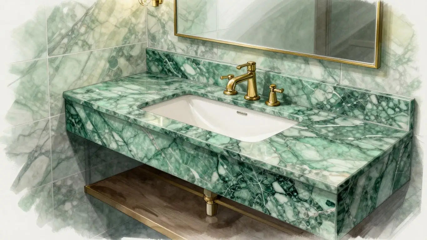 Ming green marble vanity and wall tiles in a bathroom.