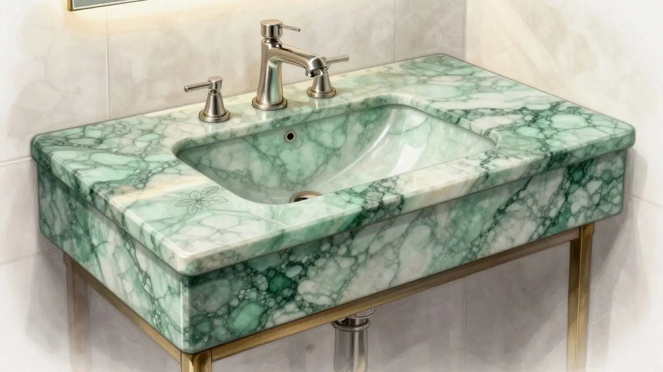 Ming Green marble vanity top with floral etching.