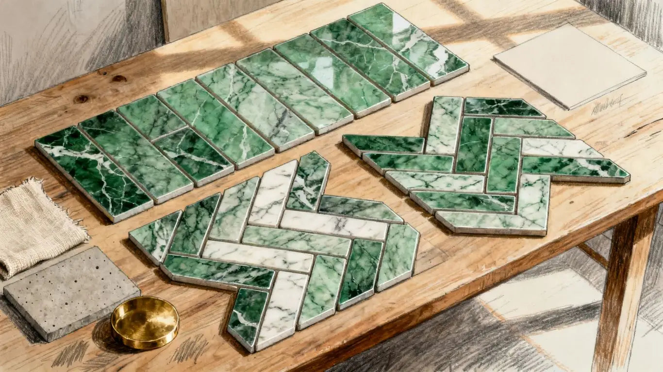 Polished green marble tiles in design layout