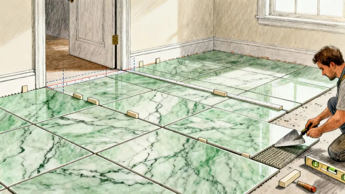 Installer planning large format green marble layout