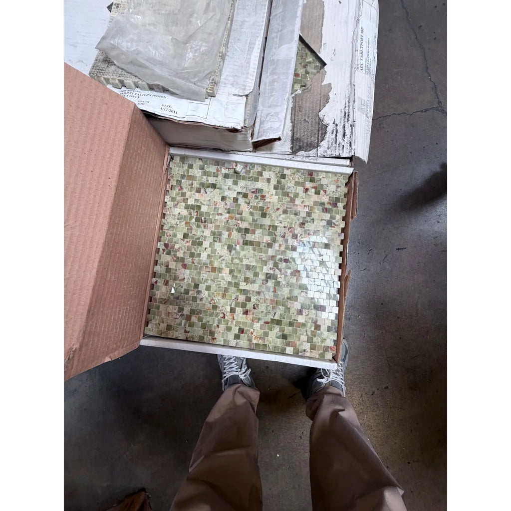 Green Onyx 3/8x3/8 staggered tight-joint mosaic polished tile panel
