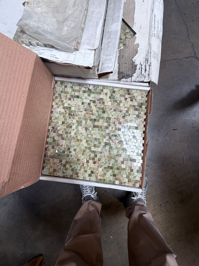 Green Onyx 3/8x3/8 staggered tight-joint mosaic polished tile panel