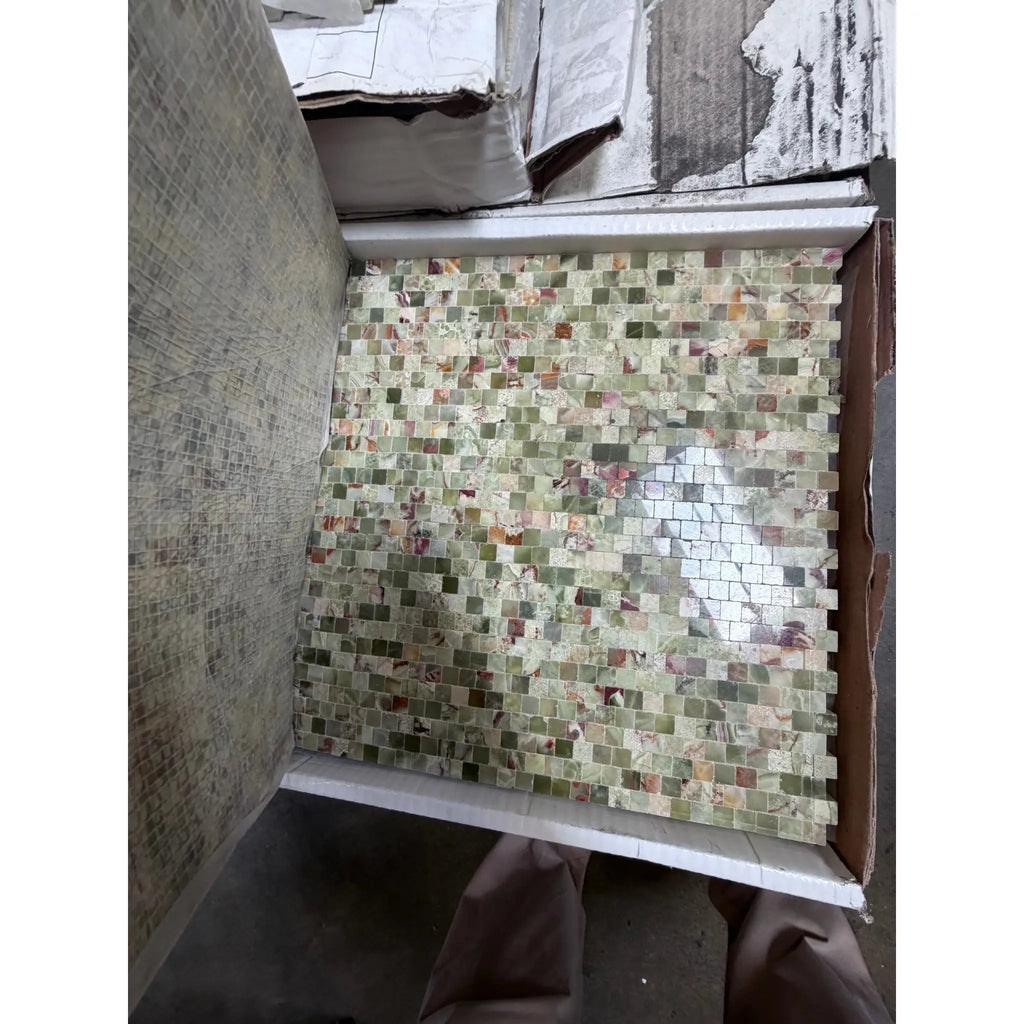 Green Onyx 3/8x3/8 staggered tight-joint mosaic polished tile panel