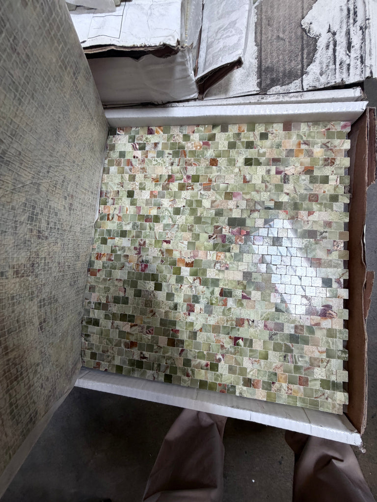 Green Onyx 3/8x3/8 staggered tight-joint mosaic polished tile panel