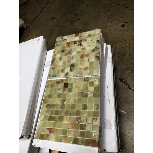 Green and beige onyx 1x1 mosaic tile panels, polished