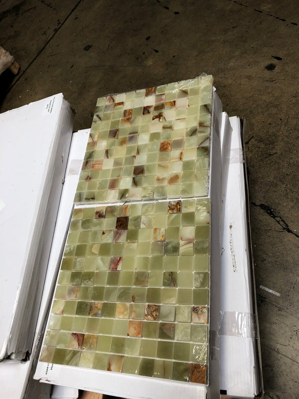 Green and beige onyx 1x1 mosaic tile panels, polished