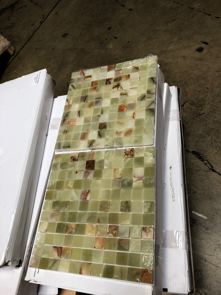 Green and beige onyx 1x1 mosaic tile panels, polished