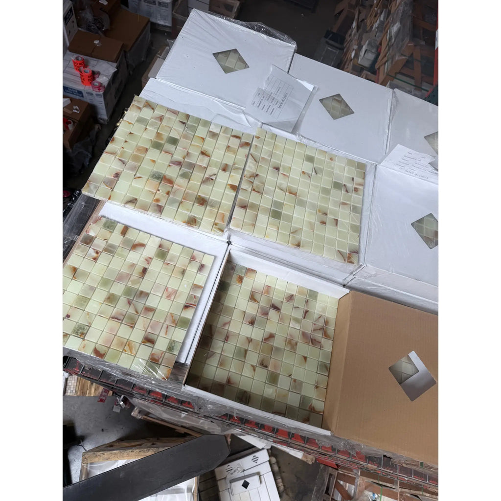 Square mosaic tile panels of polished green onyx marble with light green beige tones and subtle brown veining
