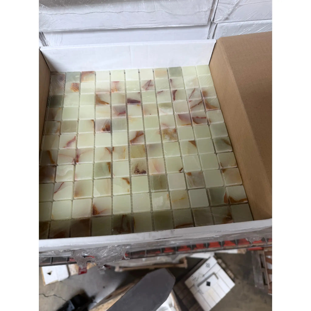 Green onyx marble 1x1 mosaic tile polished featuring pale green square tiles with swirling brown onyx veining