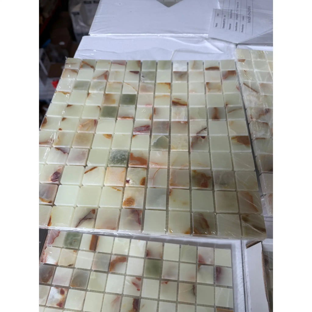 Green onyx marble 1x1 mosaic tile polished with creamy white base and amber brown green veining patterns