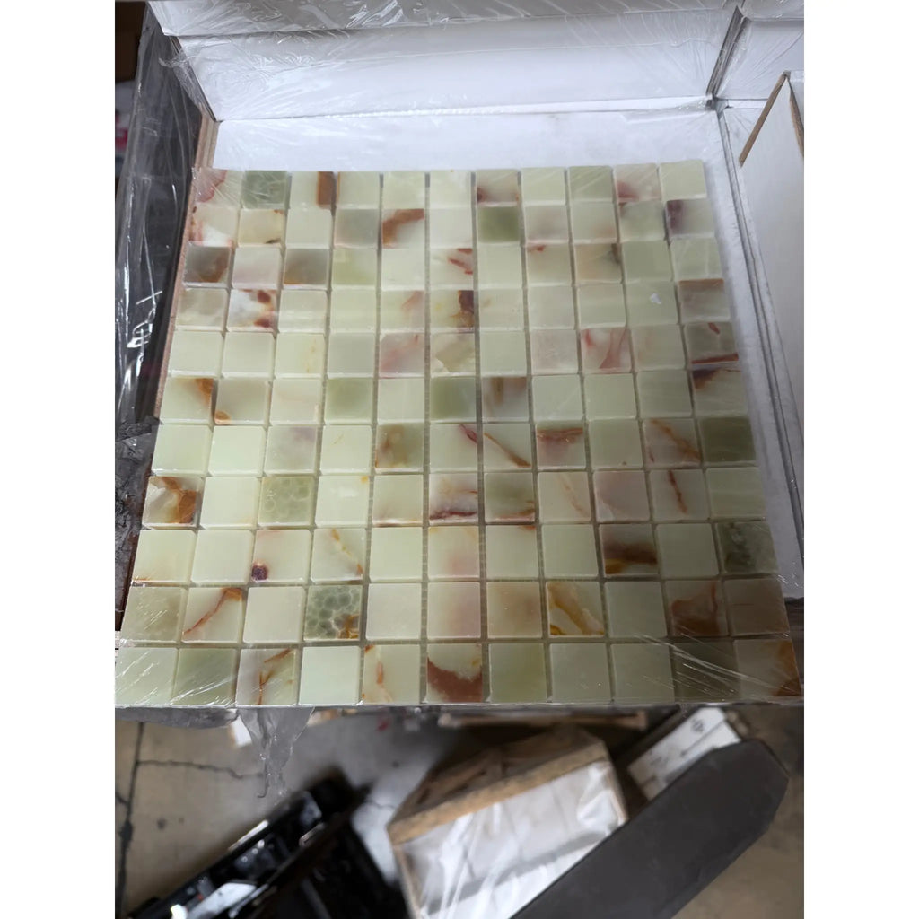Green onyx marble 1x1 mosaic polished tile with pale green creamy base and brown reddish swirling veins