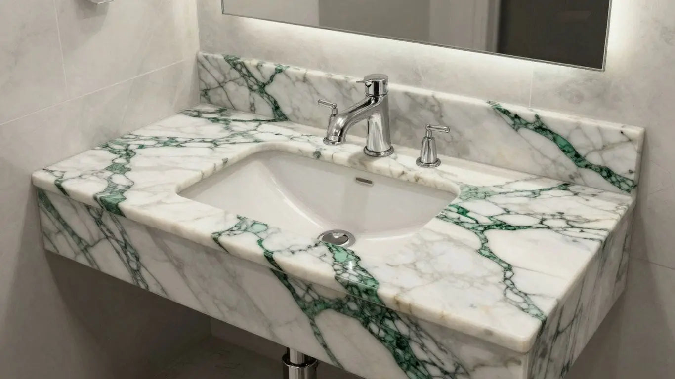 Calacatta Oliva marble vanity top with green veining.