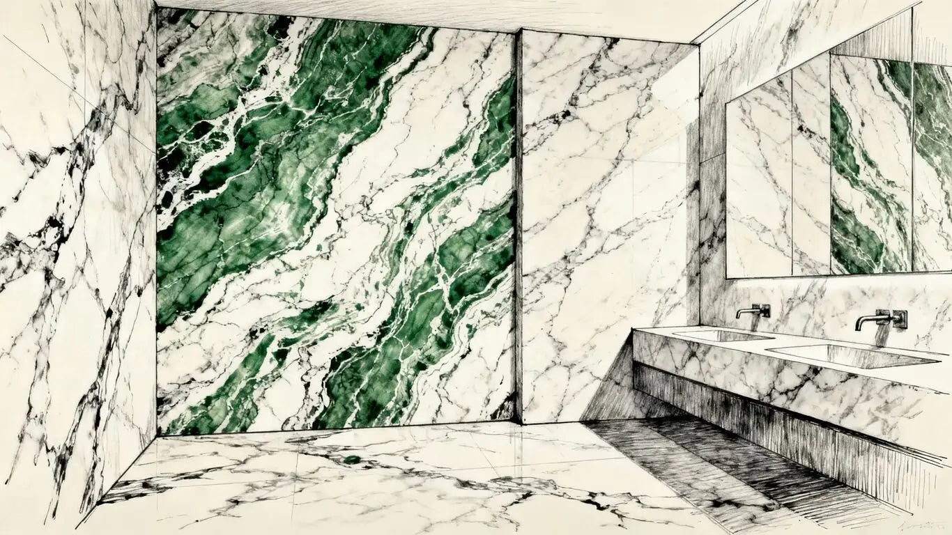 Dramatic marble veining on bathroom walls