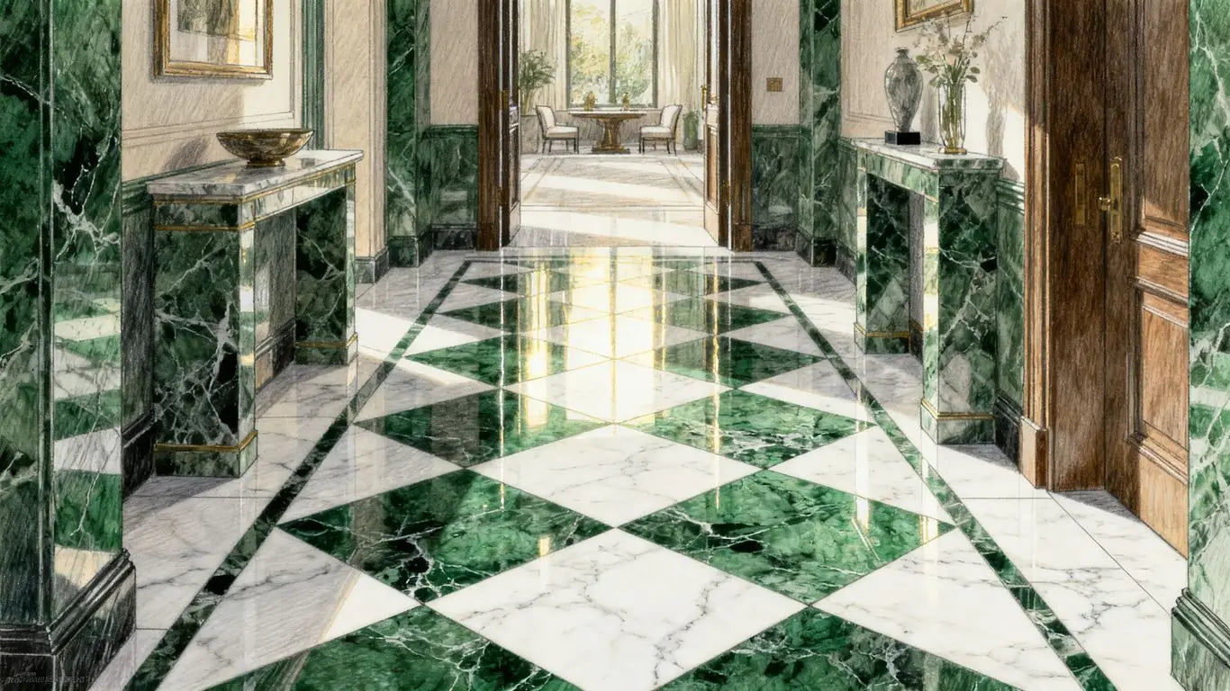 Checkerboard green and white marble floor