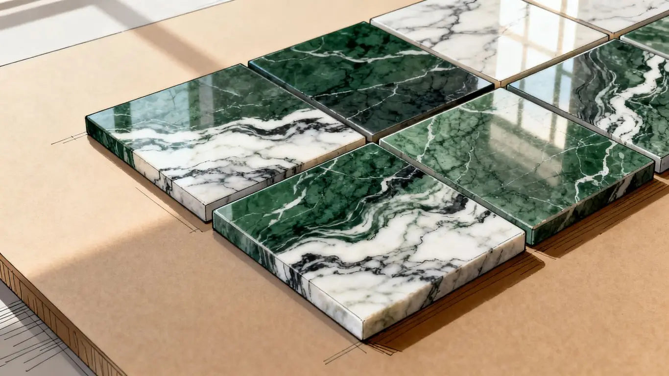 Deep green marble tile with natural veining