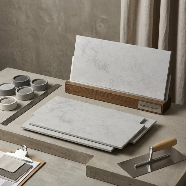 White marble-effect greyhaven 12x24 limestone honed tiles with subtle gray veining displayed in a wooden surfaces galore stand