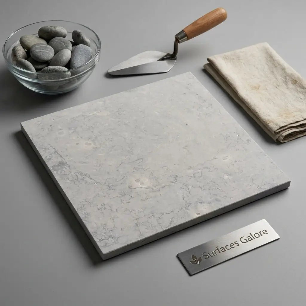 Greyhaven 18x18 limestone honed tile in light gray with subtle white and darker gray veining for elegant flooring