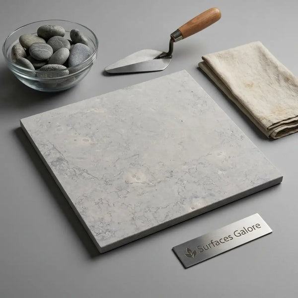 Greyhaven 18x18 limestone honed tile in light gray with subtle white and darker gray veining for elegant flooring
