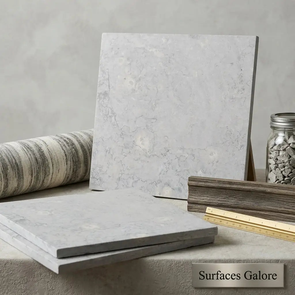 Greyhaven 24x24 limestone honed tile featuring gray marble effect with subtle veining and a smooth polished surface