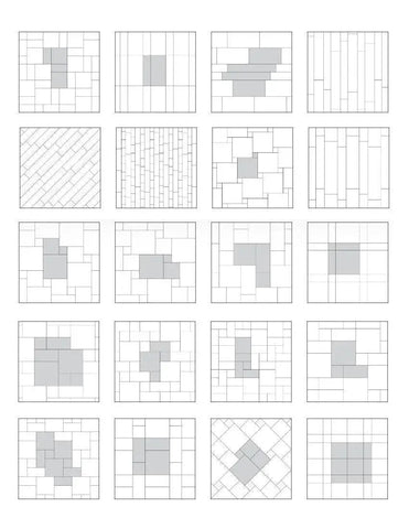 Grid of abstract geometric patterns for marble and travertine installation layout ideas.